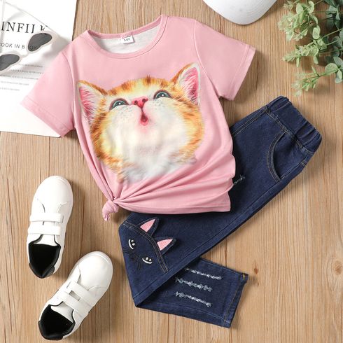 Kid Girl Cute Cat Print Short-sleeve Top / Embroidered Cat Jeans