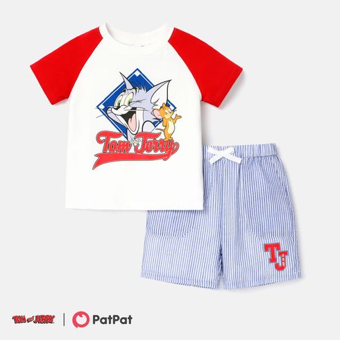 Tom and Jerry Toddler Boy 2pcs Cotton Colorblock Raglan Sleeve Tee and Stripe Shorts Set
