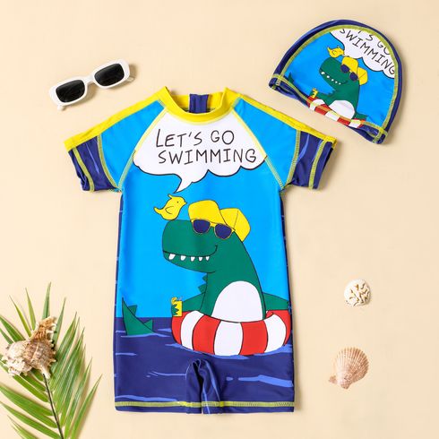 2pcs Toddler Boy Dinosaur Print Colorblock Onepiece Swimsuit and Cap