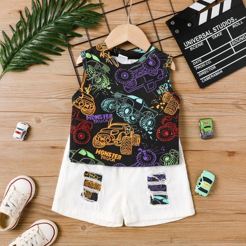 2Pcs Toddler Boy Cotton Transportation Print Cotton Tank Top and Ripped Shorts Set