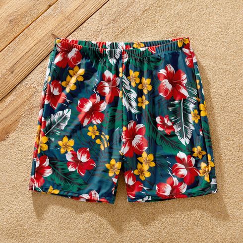 Family Matching Floral Print & Solid Spliced Ruffle Trim One-piece Swimsuit and Swim Trunks Red big image 18