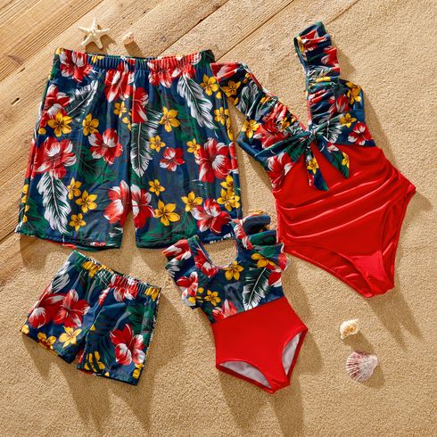 Family Matching Floral Print & Solid Spliced Ruffle Trim One-piece Swimsuit and Swim Trunks Red big image 11
