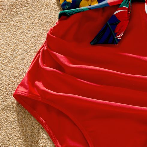 Family Matching Floral Print & Solid Spliced Ruffle Trim One-piece Swimsuit and Swim Trunks Red big image 15