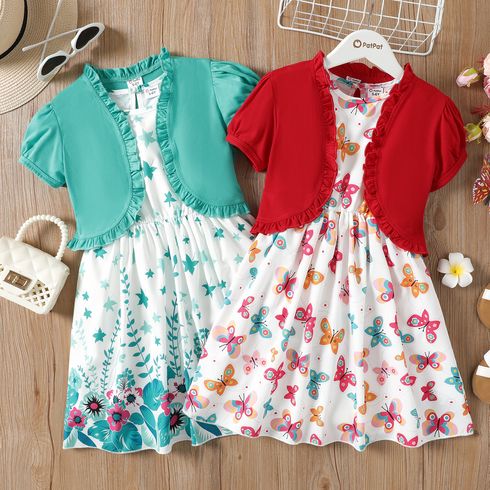 2Pcs Kid Girl Ruffled Short-sleeve Cardigan and Butterfly/Floral Print Tank Dress Set Red big image 6