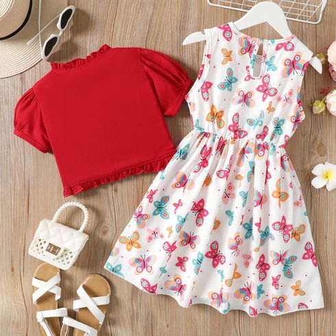 2Pcs Kid Girl Ruffled Short-sleeve Cardigan and Butterfly/Floral Print Tank Dress Set Red big image 2