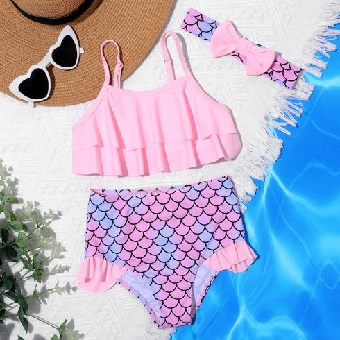 3Pcs Kid Girl Mermaid Design Ruffled Two-piece Swimsuit with Bow Headband