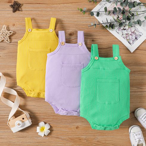 Baby Girl 100% Cotton Solid Color Ribbed Sleeveless Rompers