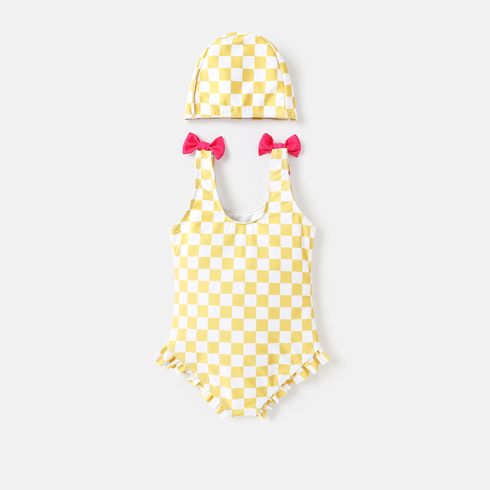 مضحك جداً. مفاجأة! طفل صغير / طفل bowknot تصميم منقوشة بلا أكمام ملابس السباحة قطعة واحدة أصفر شاحب big image 3