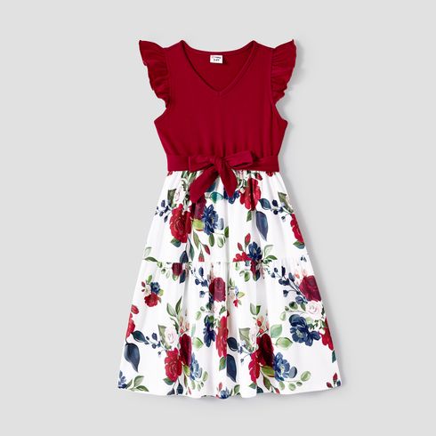 Family Matching Cotton Short-sleeve Colorblock T-shirts and Floral Print V Neck Belted Spliced Naia™ Dresses Sets WineRed big image 4