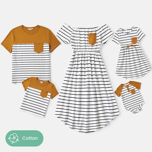 Family Matching 95% Cotton Striped Off Shoulder Belted Dresses and Short-sleeve Colorblock T-shirts Sets YellowBrown big image 1