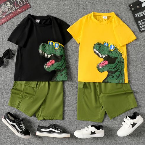 2pcs Kid Boy Dinosaur Print Short-sleeve Tee and Pocket Design Shorts Set Black big image 2