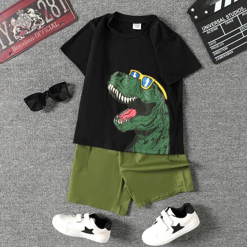 2pcs Kid Boy Dinosaur Print Short-sleeve Tee and Pocket Design Shorts Set Black big image 1