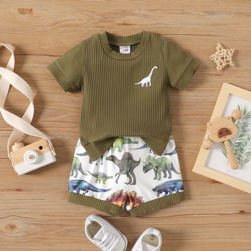 2pcs Baby Boy 95% Cotton Short-sleeve Dinosaur Embroidered Ribbed Tee and Allover Print Shorts Set Army green big image 2