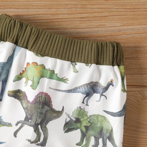 2pcs Baby Boy 95% Cotton Short-sleeve Dinosaur Embroidered Ribbed Tee and Allover Print Shorts Set Army green big image 6