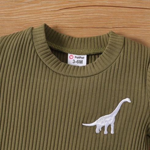 2pcs Baby Boy 95% Cotton Short-sleeve Dinosaur Embroidered Ribbed Tee and Allover Print Shorts Set Army green big image 4
