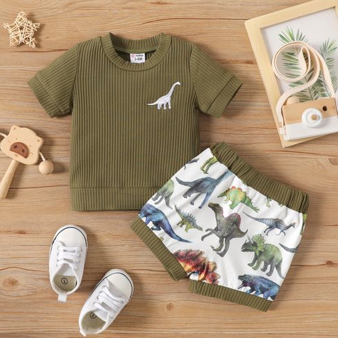 2pcs Baby Boy 95% Cotton Short-sleeve Dinosaur Embroidered Ribbed Tee and Allover Print Shorts Set Army green big image 1