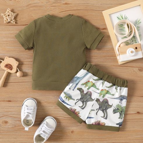 2pcs Baby Boy 95% Cotton Short-sleeve Dinosaur Embroidered Ribbed Tee and Allover Print Shorts Set Army green big image 3
