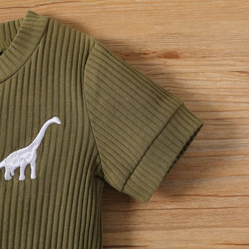 2pcs Baby Boy 95% Cotton Short-sleeve Dinosaur Embroidered Ribbed Tee and Allover Print Shorts Set Army green big image 5