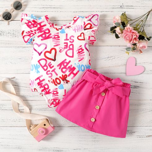 3pcs Baby Girl Allover Letter Print Flutter Sleeve Naia Romper and 100% Cotton Skirt & Belt Set