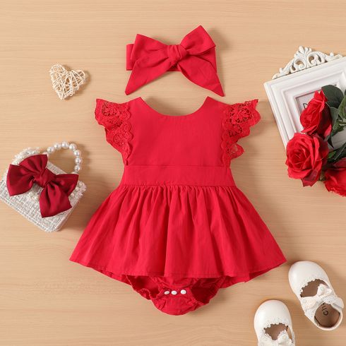 100% Cotton Lace decor Flutter-sleeve Red Baby Set