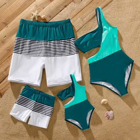 Family Matching Color Block One-piece/Two-piece Swimsuit or Swim Trunks