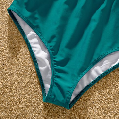 Family Matching Colorblock One Shoulder Cut Out One-piece Swimsuit and Striped Spliced Swim Trunks Shorts DeepTurquoise big image 13
