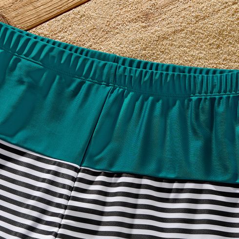 Family Matching Colorblock One Shoulder Cut Out One-piece Swimsuit and Striped Spliced Swim Trunks Shorts DeepTurquoise big image 16