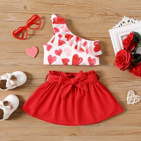 Valentine's Day 2pcs Baby Girl Allover Heart Print One Shoulder Ruffle Trim Naia™ Tank Top and Solid Belted Skirt Set