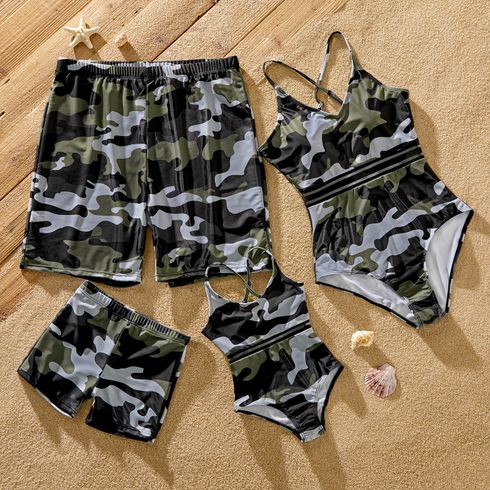 Family Matching Camouflage Print Strappy One-piece Swimsuit and Swim Trunks Shorts