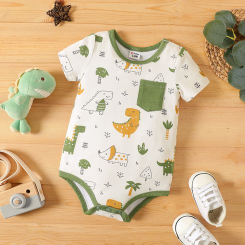 Baby Boy Dinosaur Print Patch Pocket Short-sleeve Bodysuit