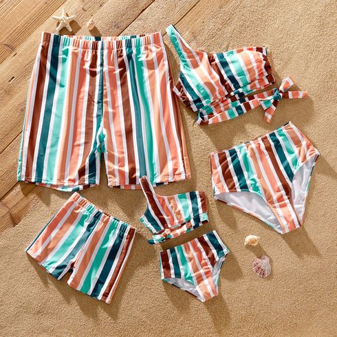 Family Matching Colorful One Shoulder Striped Self Tie Two-piece Swimsuit and Swim Trunks
