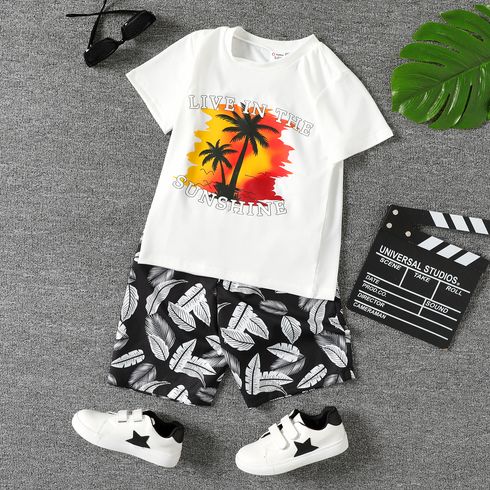 2pcs Kid Boy Plant Print Short-sleeve Tee and Shorts Set White big image 1