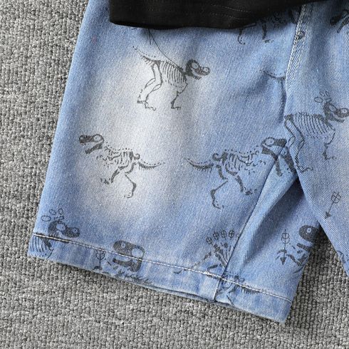 2pcs Kid Boy Dinosaur Print Short-sleeve Cotton Tee and Denim Shorts Set Black big image 5