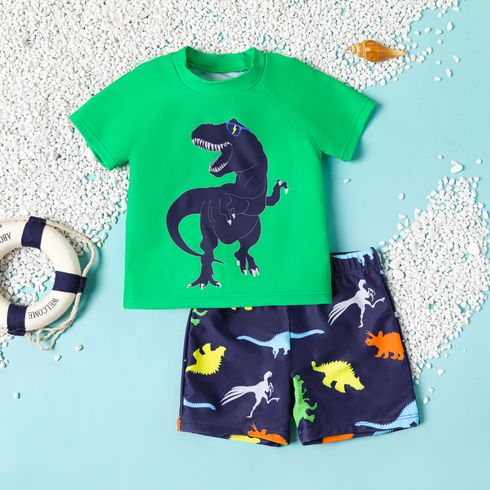 2pcs Toddler Boy Playful Dinosaur Print Top and Swim Trunks Set