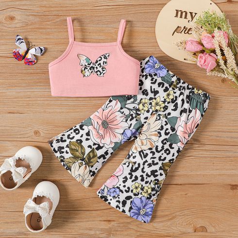 2pcs Baby Girl Butterfly Print Camisole and Floral Print Pants Set