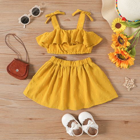 2pcs Baby Girl Solid Swiss Dot Ruffled Sleeveless Top & Skirt Set