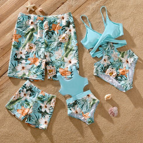 Family Matching Solid & Floral Print Spliced Crisscross Cut Out One-piece Swimsuit or Swim Trunks Shorts Blue big image 1