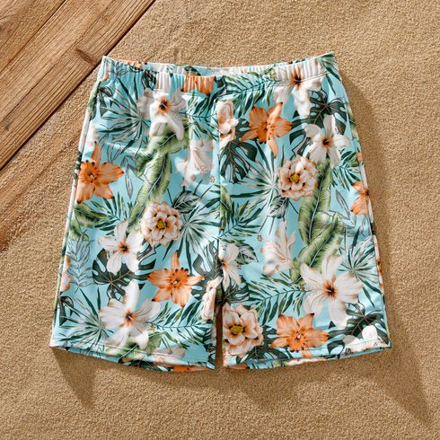 Family Matching Solid & Floral Print Spliced Crisscross Cut Out One-piece Swimsuit or Swim Trunks Shorts Blue big image 12