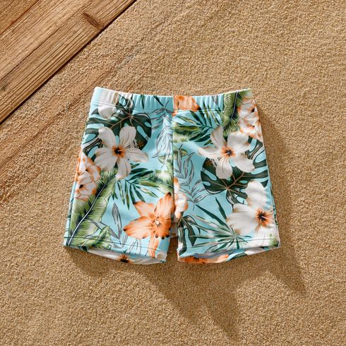 Family Matching Solid & Floral Print Spliced Crisscross Cut Out One-piece Swimsuit or Swim Trunks Shorts Blue big image 4