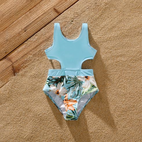 Family Matching Solid & Floral Print Spliced Crisscross Cut Out One-piece Swimsuit or Swim Trunks Shorts Blue big image 6
