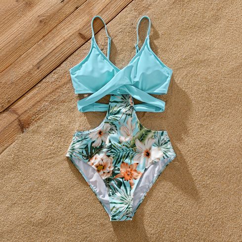 Family Matching Solid & Floral Print Spliced Crisscross Cut Out One-piece Swimsuit or Swim Trunks Shorts Blue big image 9