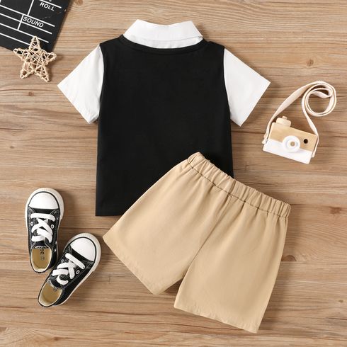 2pcs Toddler Boy 100% Cotton Preppy Style Plaid Patch Pocket Colorblock Shirt and Shorts Set Black big image 2