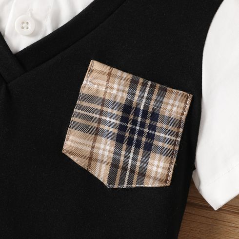 2pcs Toddler Boy 100% Cotton Preppy Style Plaid Patch Pocket Colorblock Shirt and Shorts Set Black big image 5