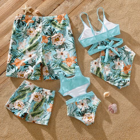 Family Matching Solid & Floral Print Spliced Crisscross Cut Out One-piece Swimsuit or Swim Trunks Shorts Blue big image 2