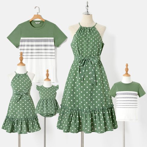 Family Matching Green Polka Dots Halter Belted Dresses and Striped Colorblock Short-sleeve Tee Sets