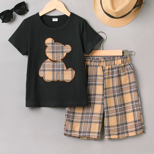 2pcs Kid Boy Little Bear Embroidered Short-sleeve Tee and Plaid Shorts Set Black big image 1