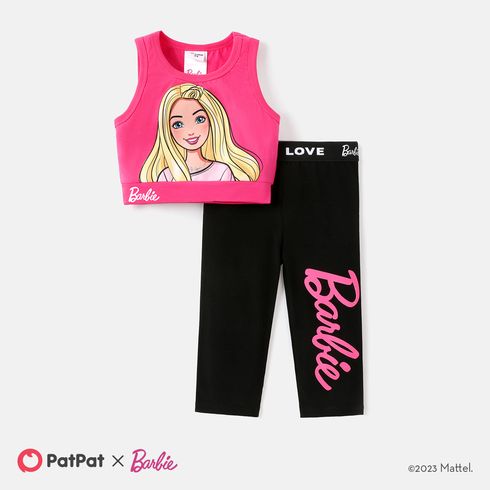 Barbie Kleinkind / Kind Mädchen 2pcs Charakter Druck Baumwolle Ärmelloses T-Shirt und Leggings Set roseo big image 1