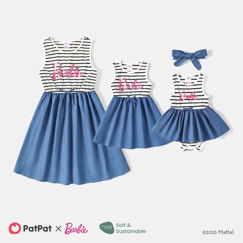 Barbie Mommy and Me Letter Graphic Cotton Striped Spliced Tank Dresses BLUE WHITE big image 2