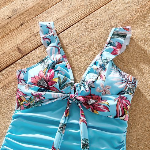 Family Matching Solid & Floral Print Knot Front Deep V Neck Ruffled One-piece Swimsuit or Swim Trunks Shorts Blue big image 10