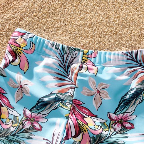 Family Matching Solid & Floral Print Knot Front Deep V Neck Ruffled One-piece Swimsuit or Swim Trunks Shorts Blue big image 14